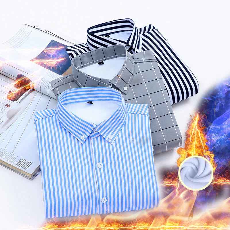 2022 winter striped warm shirt men's no pocket cardigan youth fashion fleece-lined thick plaid inch shirt CY