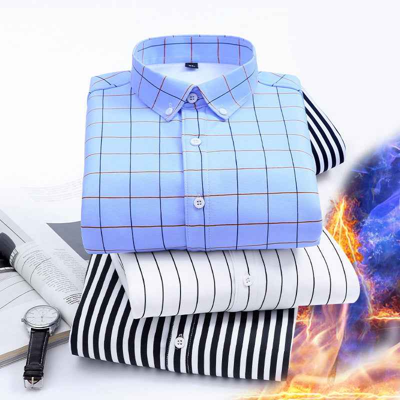 2022 winter striped warm shirt men's no pocket cardigan youth fashion fleece-lined thick plaid inch shirt CY