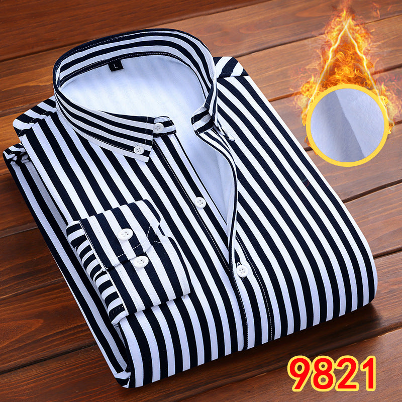 2022 winter striped warm shirt men's no pocket cardigan youth fashion fleece-lined thick plaid inch shirt CY