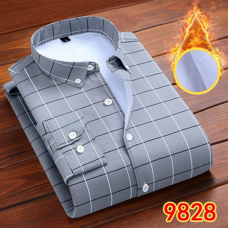 2022 winter striped warm shirt men's no pocket cardigan youth fashion fleece-lined thick plaid inch shirt CY
