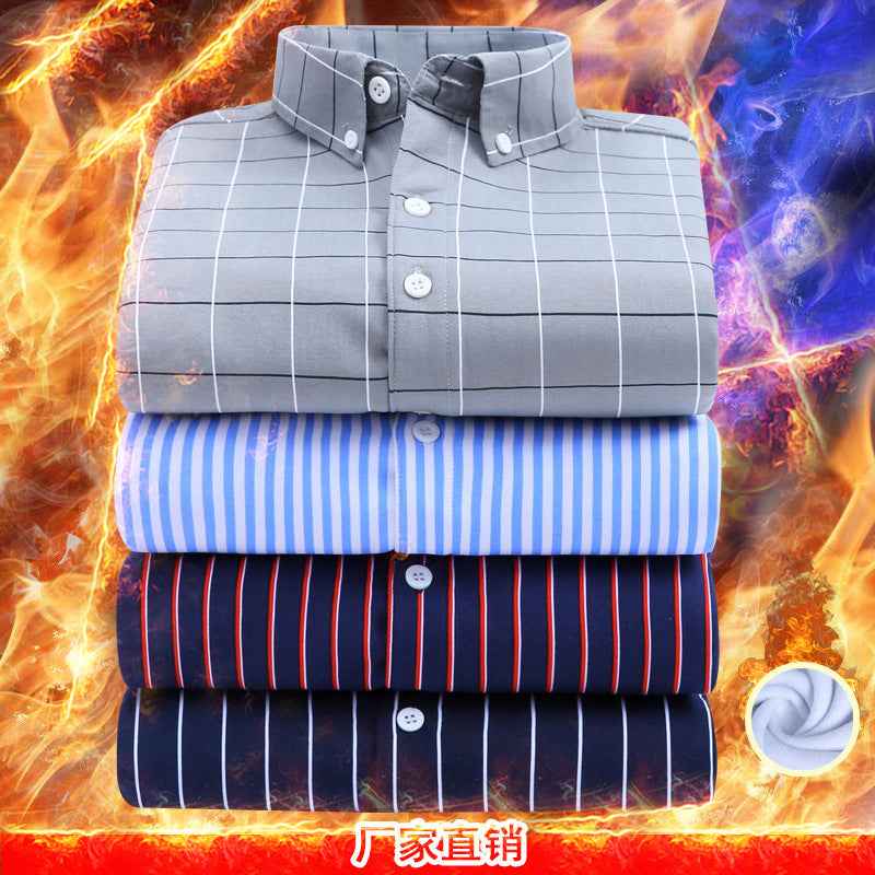 2022 winter striped warm shirt men's no pocket cardigan youth fashion fleece-lined thick plaid inch shirt CY
