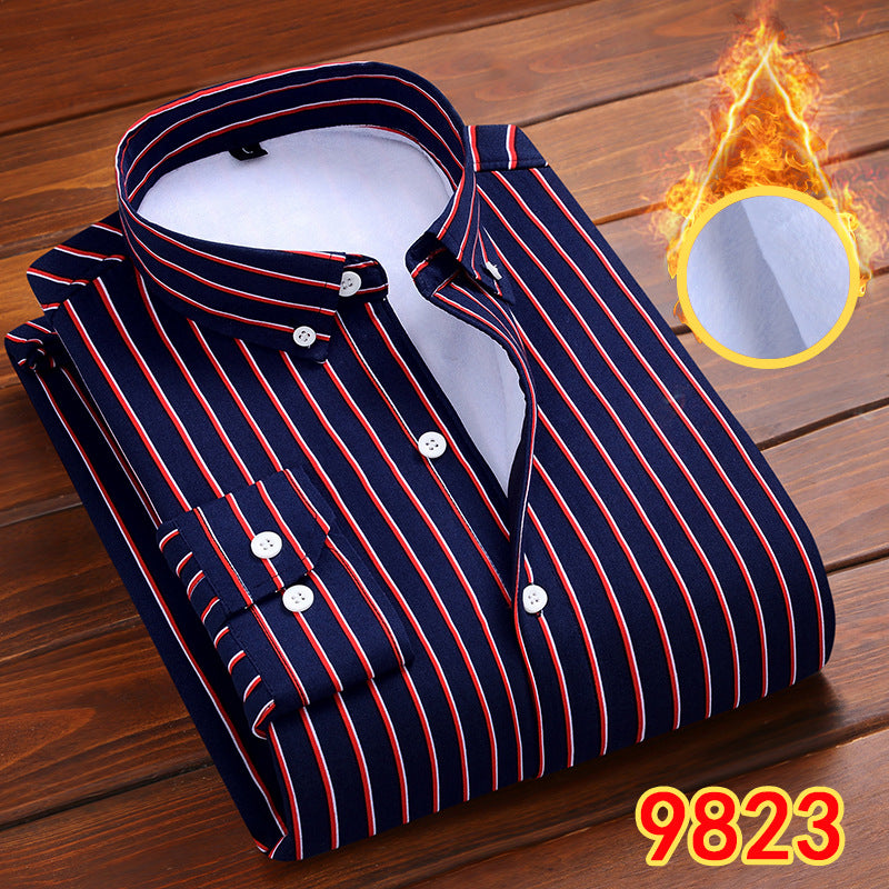 2022 winter striped warm shirt men's no pocket cardigan youth fashion fleece-lined thick plaid inch shirt CY
