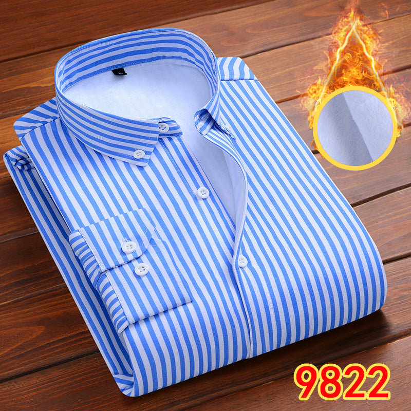 2022 winter striped warm shirt men's no pocket cardigan youth fashion fleece-lined thick plaid inch shirt CY