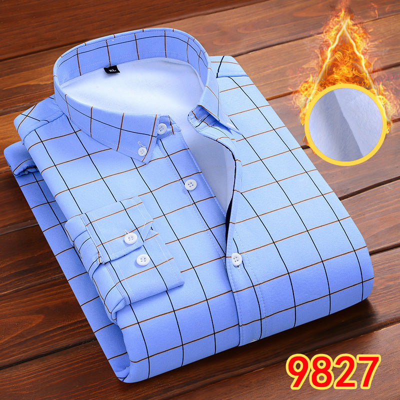 2022 winter striped warm shirt men's no pocket cardigan youth fashion fleece-lined thick plaid inch shirt CY