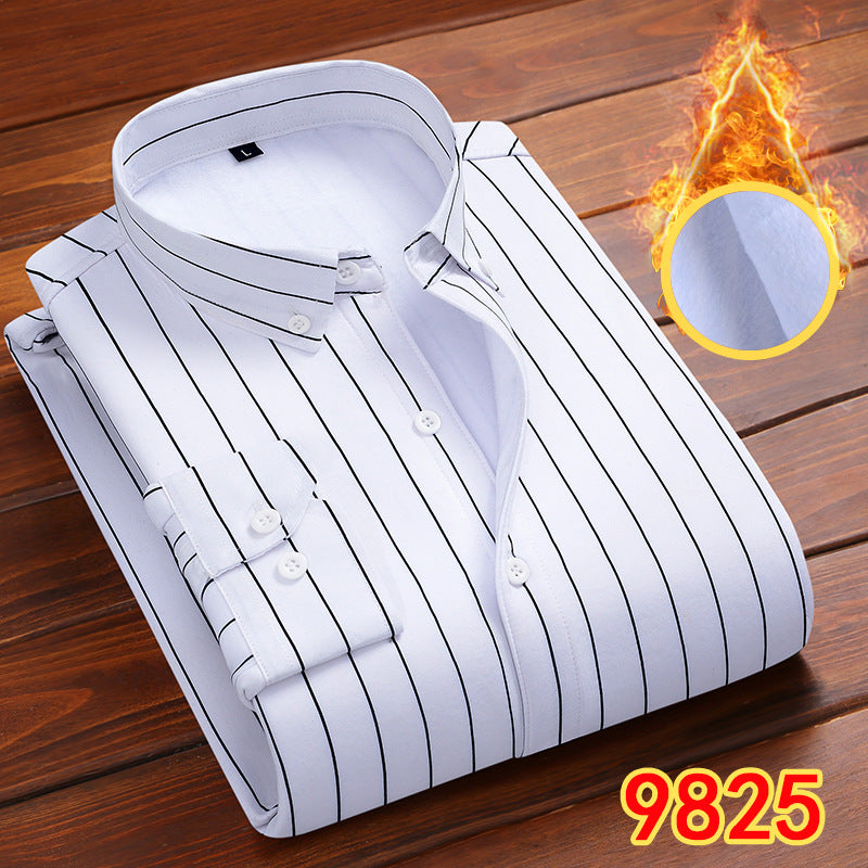2022 winter striped warm shirt men's no pocket cardigan youth fashion fleece-lined thick plaid inch shirt CY