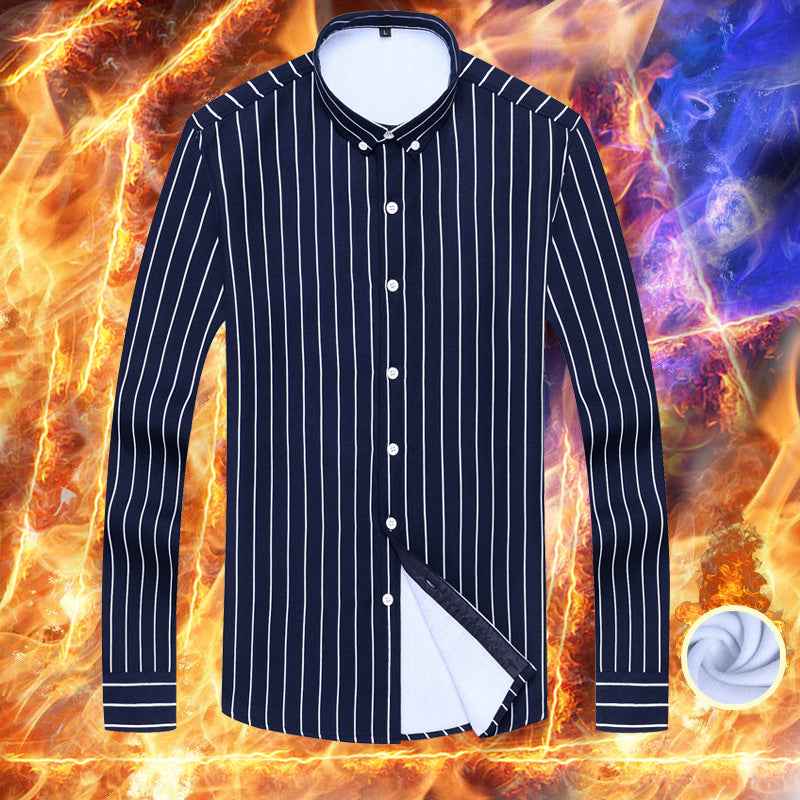 2022 winter striped warm shirt men's no pocket cardigan youth fashion fleece-lined thick plaid inch shirt CY
