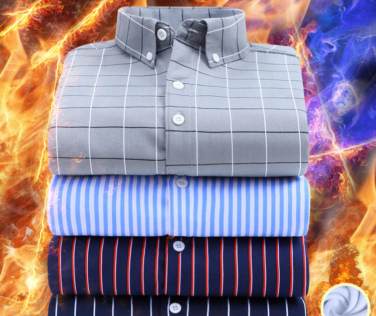 2022 winter striped warm shirt men's no pocket cardigan youth fashion fleece-lined thick plaid inch shirt CY