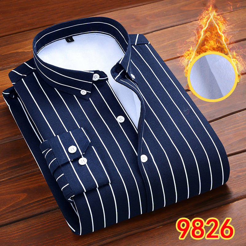 2022 winter striped warm shirt men's no pocket cardigan youth fashion fleece-lined thick plaid inch shirt CY