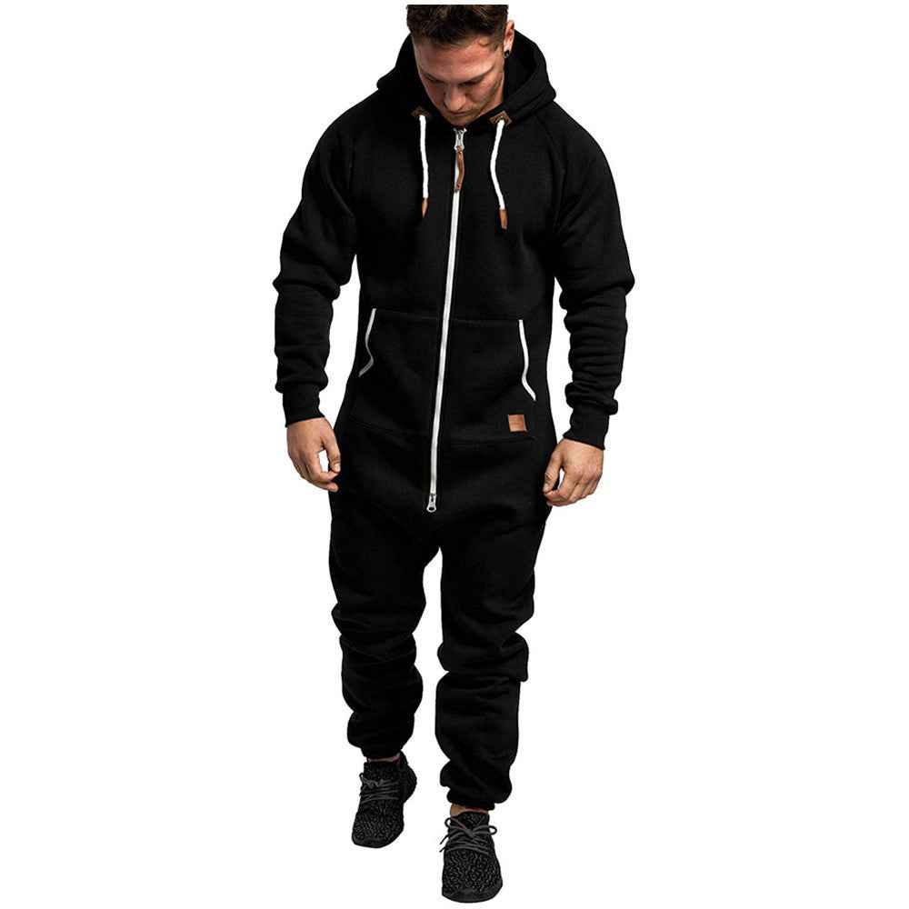 In-Stock New Foreign Trade Men's Hooded Fleece Jumpsuit Solid Color Casual Men's Suit Jumpsuit