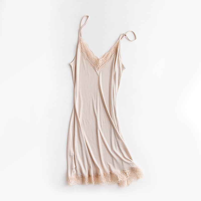 Tangge Spring and Summer Mulberry Silk Loose V-neck Lace Silk Sling Nightdress Sexy Pajamas Silk Base Petticoat
