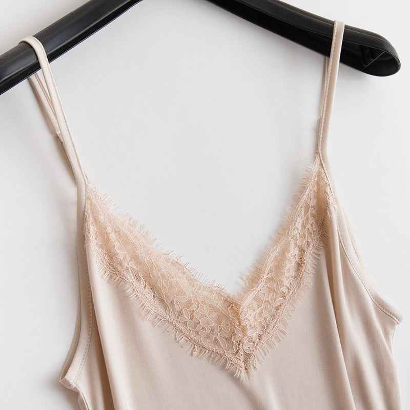 Tangge Spring and Summer Mulberry Silk Loose V-neck Lace Silk Sling Nightdress Sexy Pajamas Silk Base Petticoat