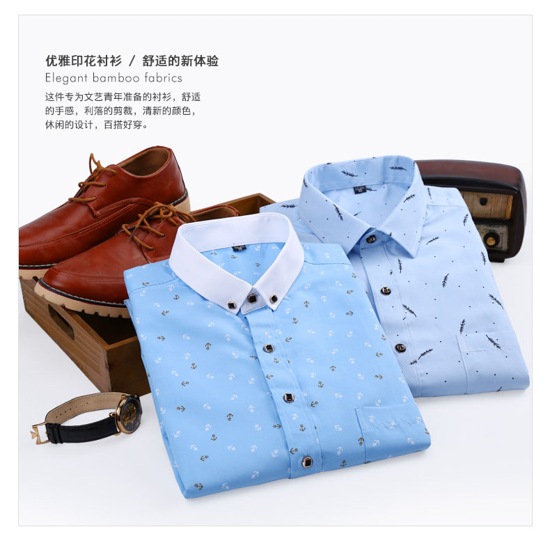 New Men's Printed Long-Sleeved Shirt, Korean Style Slim Fit, Youth Fashion, Casual and Versatile Shirt, Cross-Border Bestseller in Europe and America