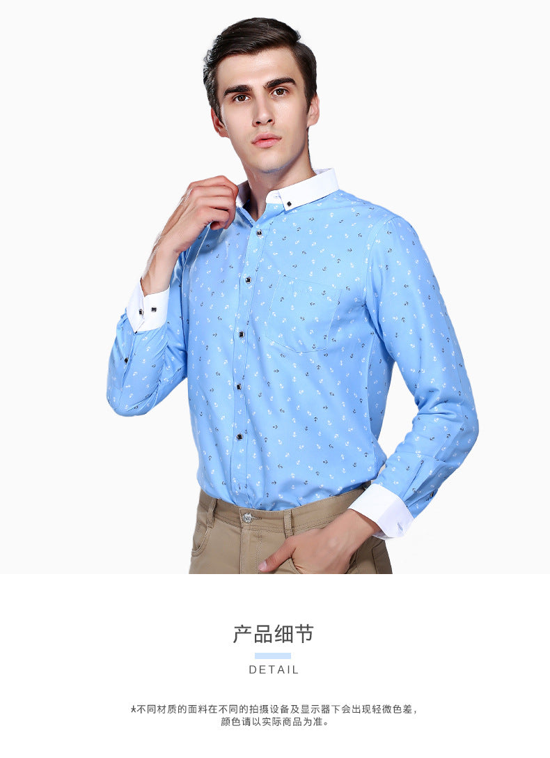 New Men's Printed Long-Sleeved Shirt, Korean Style Slim Fit, Youth Fashion, Casual and Versatile Shirt, Cross-Border Bestseller in Europe and America