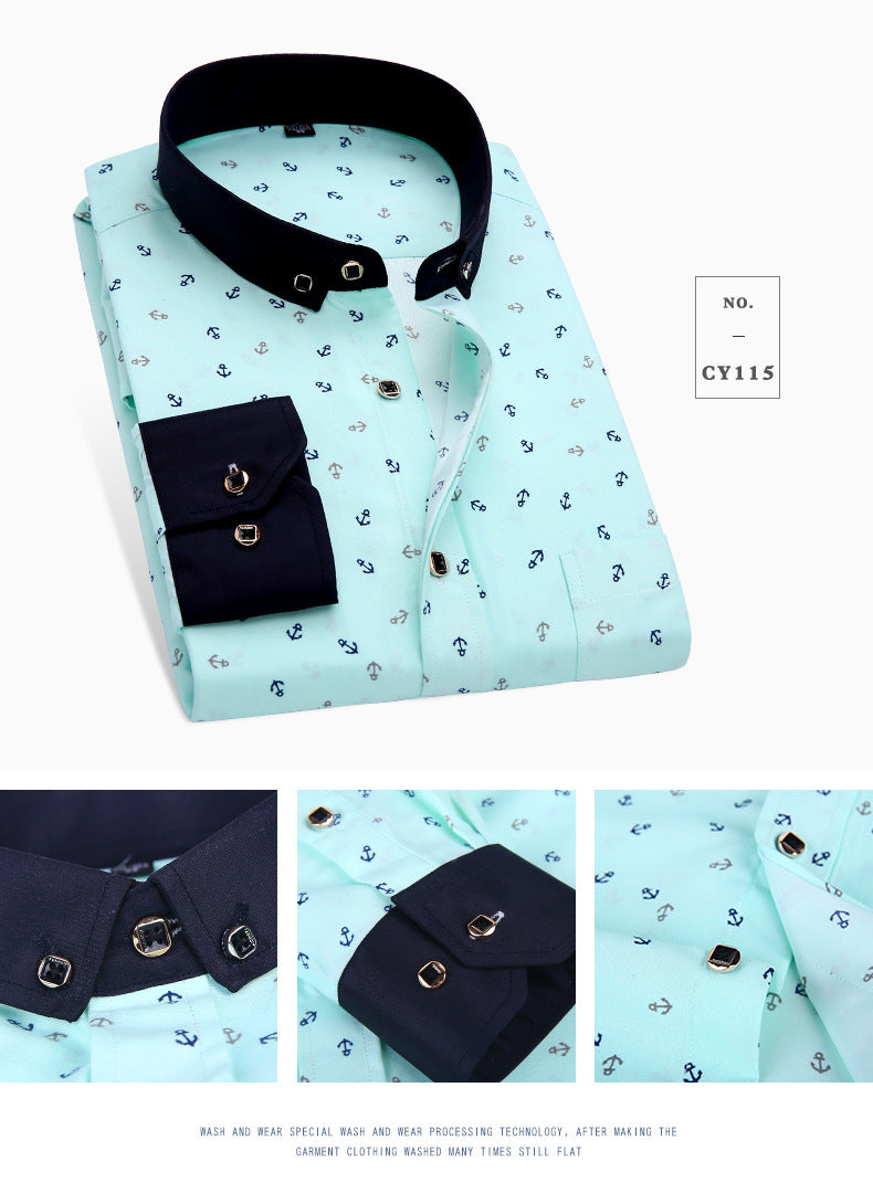 New Men's Printed Long-Sleeved Shirt, Korean Style Slim Fit, Youth Fashion, Casual and Versatile Shirt, Cross-Border Bestseller in Europe and America