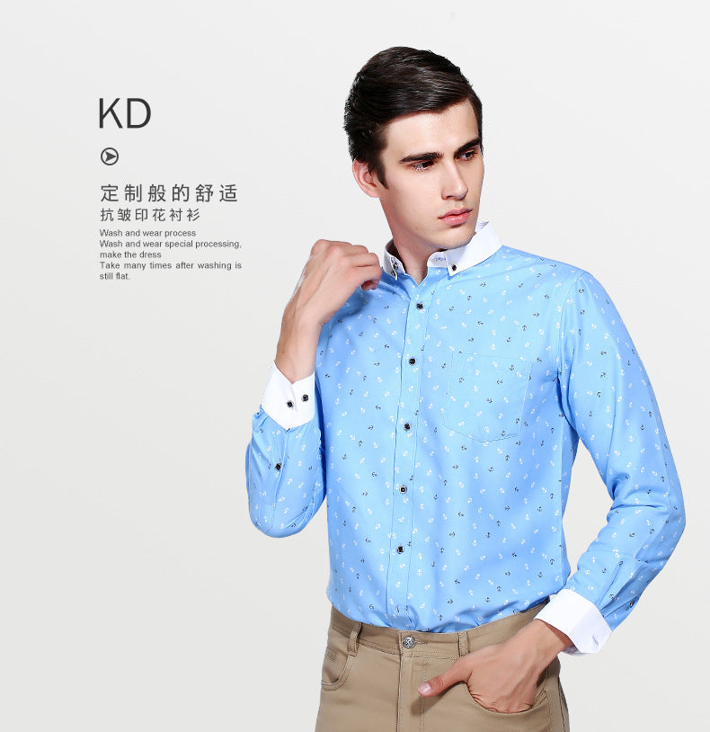 New Men's Printed Long-Sleeved Shirt, Korean Style Slim Fit, Youth Fashion, Casual and Versatile Shirt, Cross-Border Bestseller in Europe and America