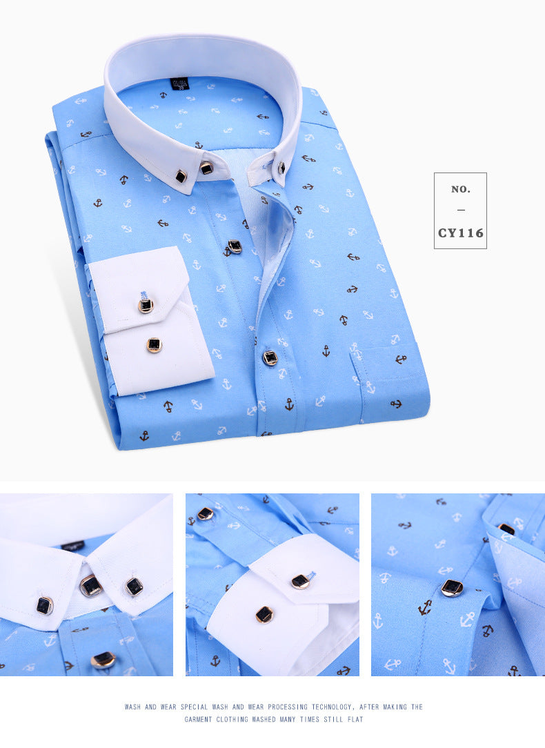 New Men's Printed Long-Sleeved Shirt, Korean Style Slim Fit, Youth Fashion, Casual and Versatile Shirt, Cross-Border Bestseller in Europe and America