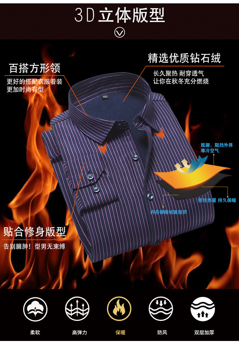 2022 winter striped warm shirt men's no pocket cardigan youth fashion fleece-lined thick plaid inch shirt CY