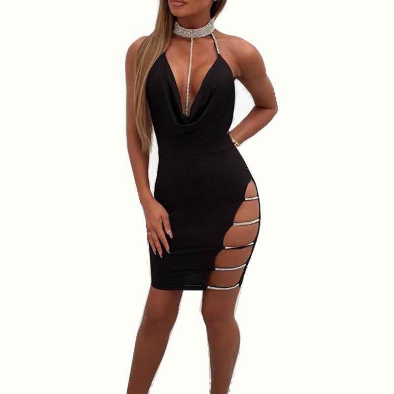 2022 European and American sexy sling jumpsuit hip skirt side slit hot rhinestone low-cut halter tight nightclub skirt in stock