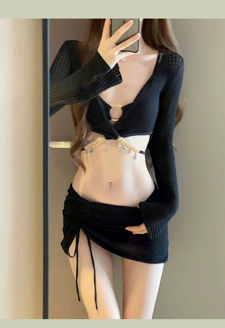 2025 New High-End Swimsuit Women's Split Bikini Four-Piece Bikini Sexy Long-Sleeved Sun Protection Hot Spring