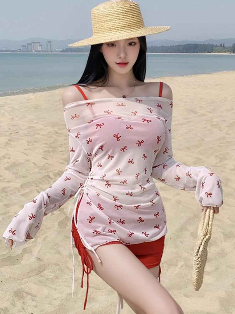 2025 New Swimwear Women's Sexy Pure Desire Spice Girl Elegant Long Sleeve Hanging Neck Blouse Bikini Split Strap Gather