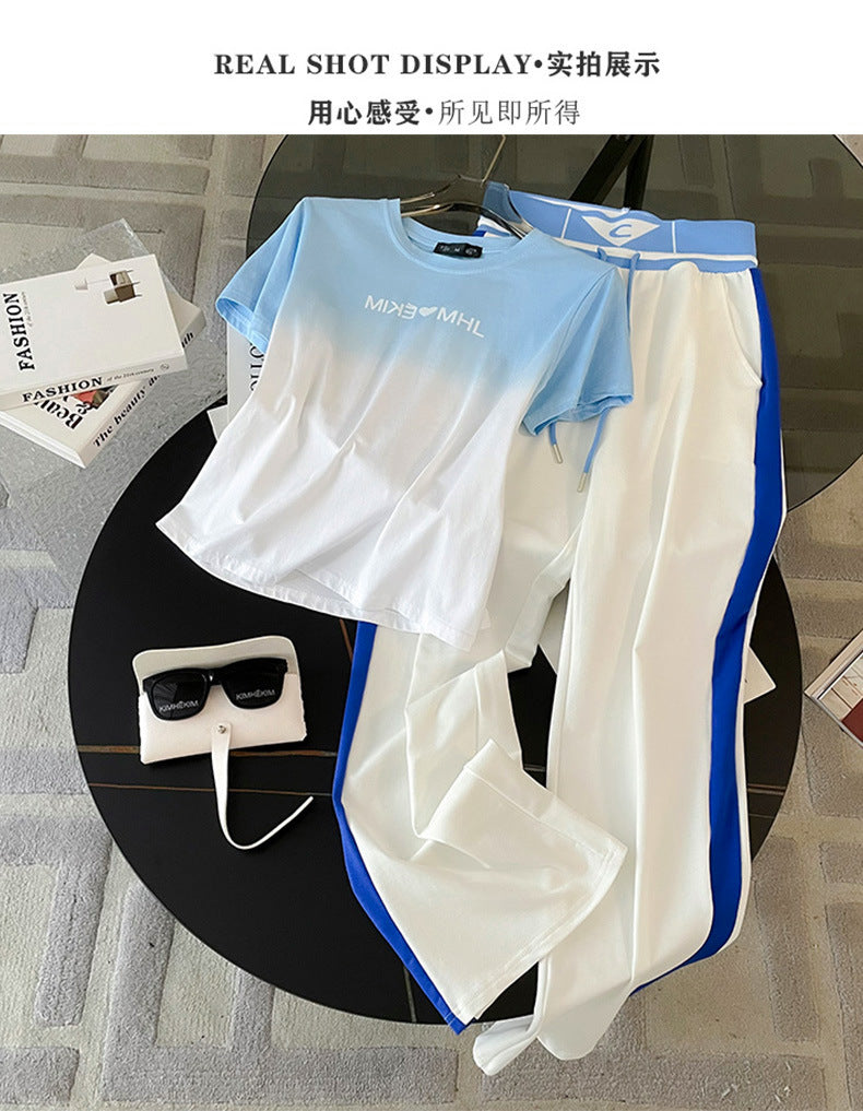 Sports Leisure suit Women's Street Slim-fit Short T-shirt Women's Fashion Color-contrast High-end Atmospheric Elegant Wide-leg Pants