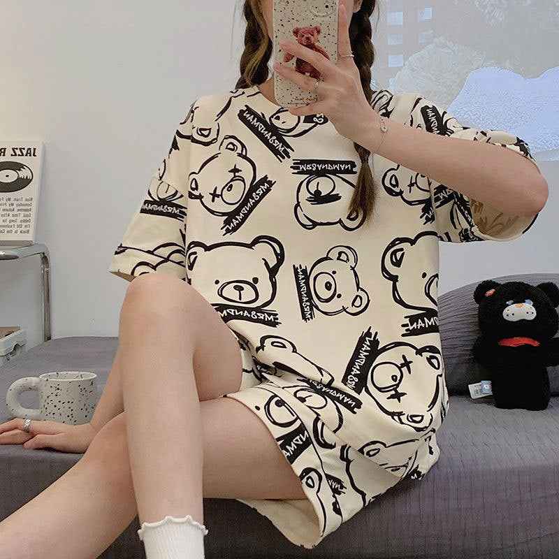 New Style Pajamas Women's Summer Short-sleeved Pullover Thin Cartoon Cartoon Bear Girl Home Clothes suit Women's Outwear