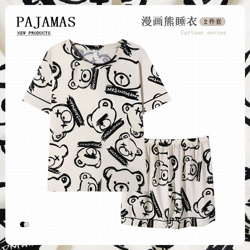 New Style Pajamas Women's Summer Short-sleeved Pullover Thin Cartoon Cartoon Bear Girl Home Clothes suit Women's Outwear