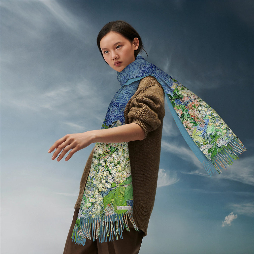 European and American Autumn and Winter New Van Gogh Oil Painting Chestnut Women's Warm Shawl Scarf Imitation Cashmere Tassel Long Scarf Scarf