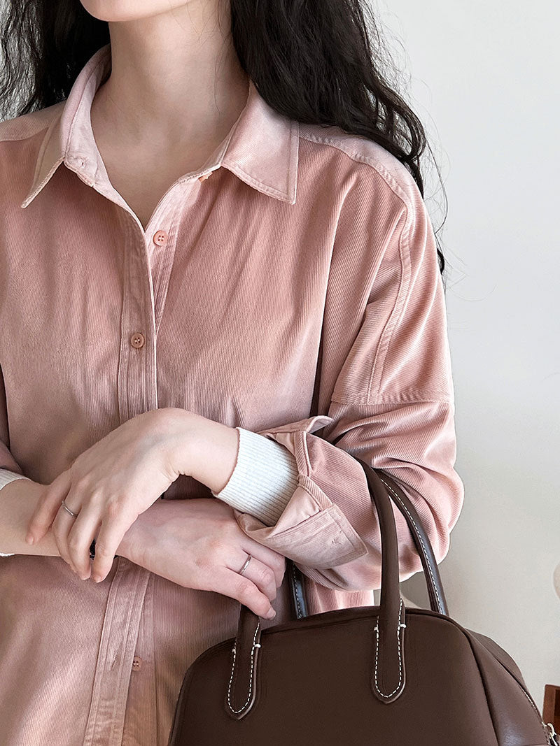 Lushi Japanese-Style Minimalist Thickened Brushed Corduroy Shirt for Women 2025 Autumn Inner Layering Base Shirt 3378