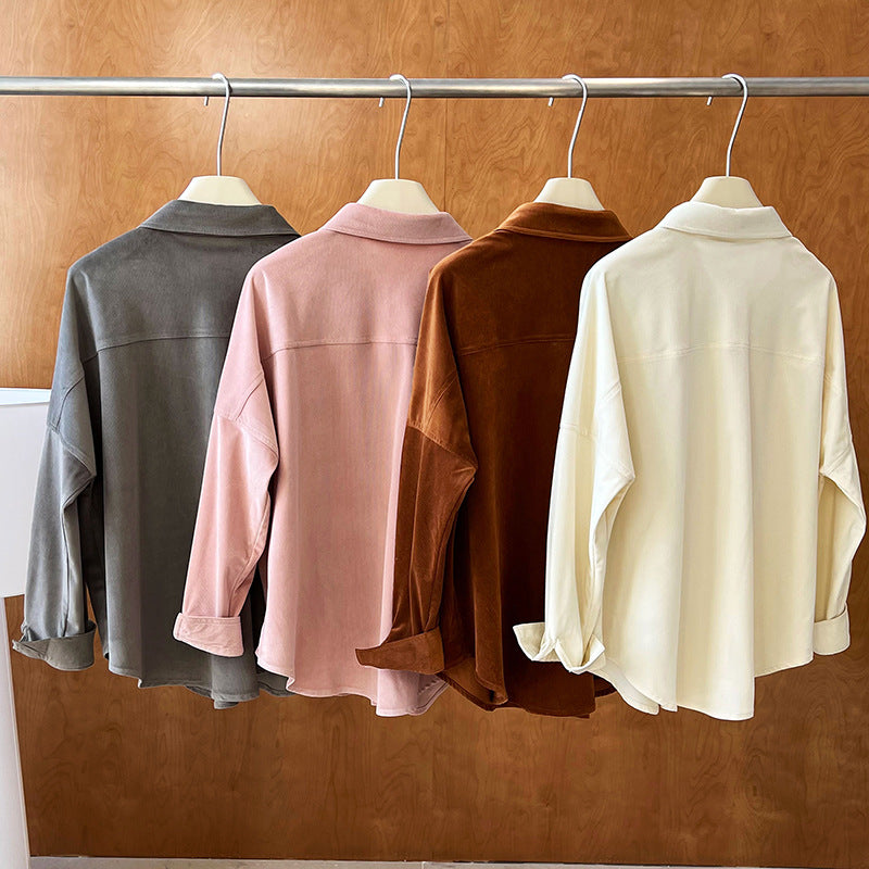 Lushi Japanese-Style Minimalist Thickened Brushed Corduroy Shirt for Women 2025 Autumn Inner Layering Base Shirt 3378