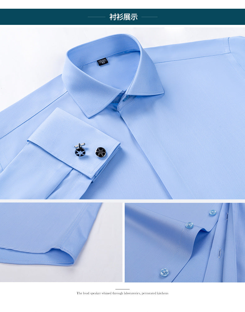 Men's French Cufflinks Shirt Men's Long-sleeved Windsor Collar Buckle Bamboo Fiber Double Stacked Sleeve Business Dress White Shirt