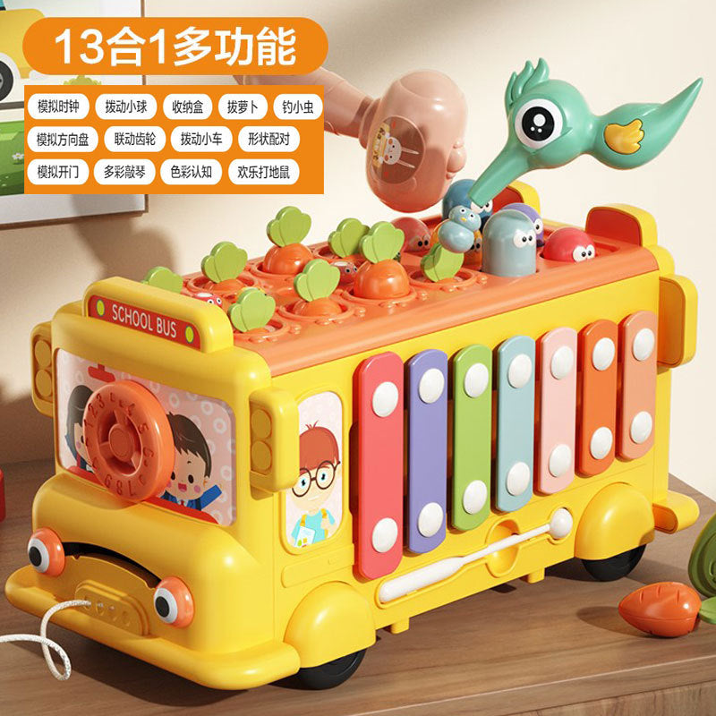 Infant early education puzzle multi-functional mole-beating and radish-pulling game six-sided bus knocking piano for 1-3 years old baby