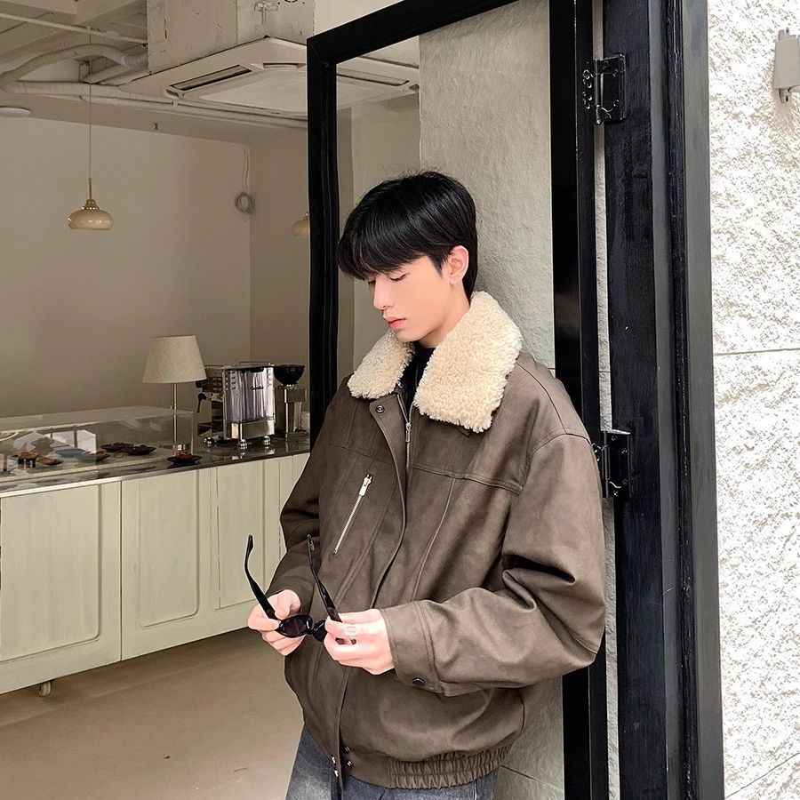 Lapel Loose Cotton-padded Coat for Boys Winter Warm Lamb Fur One-piece Jacket Thickened Coat Autumn and Winter Collar