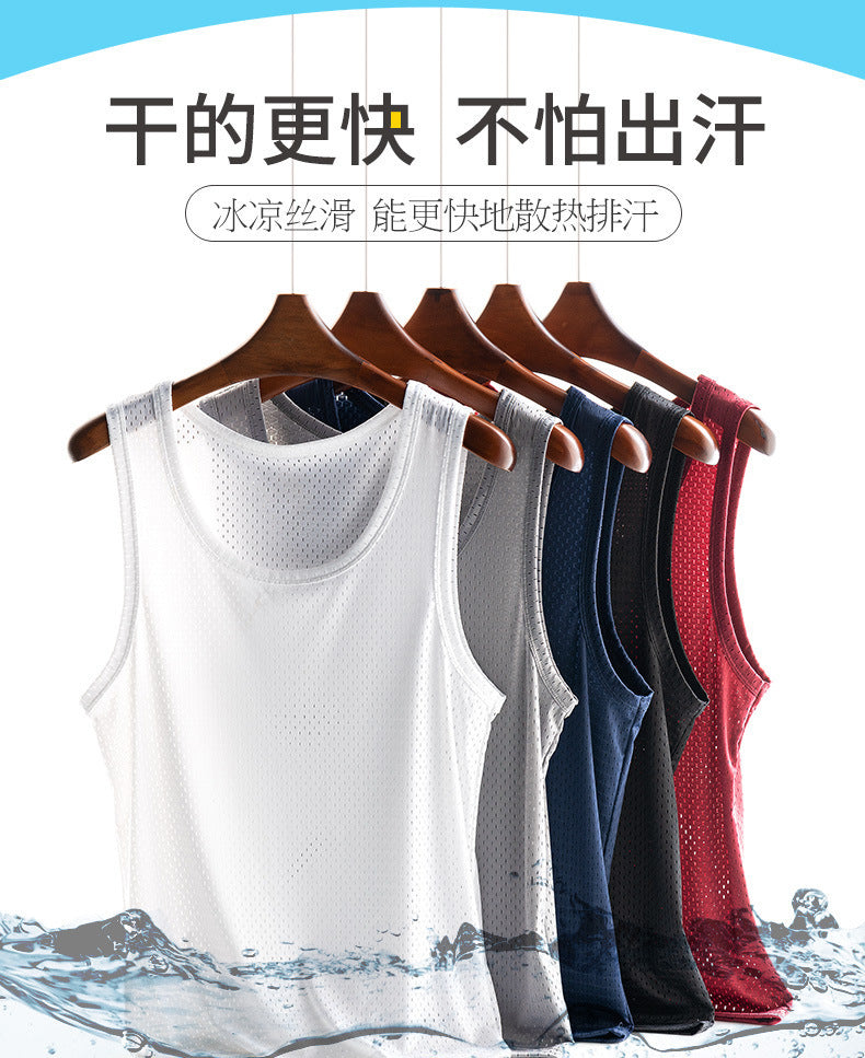 Ice Silk Mesh Vest Men's Summer Hollow Mesh Men's Sweatshirt Fitness Sports Thin Large Size Sleeveless T-shirt Trendy