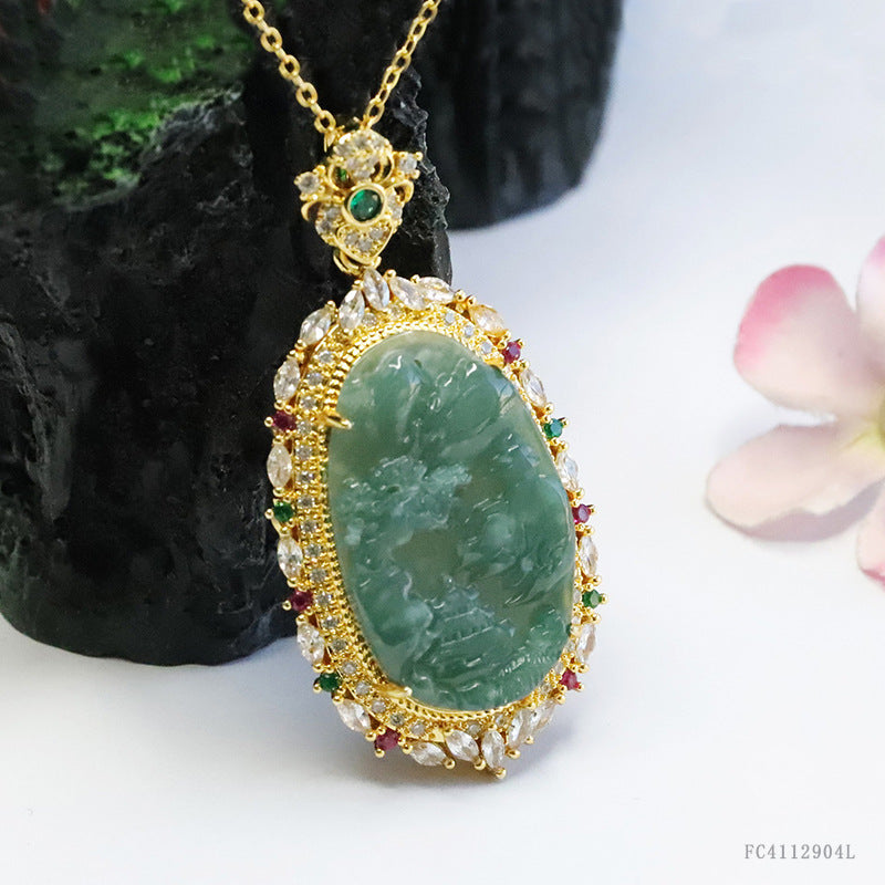 Guan Yu Natural Grade a Jadeite Blue Water Landscape Brand Inlaid Pendant Necklace Jewelry Live Streaming Kuaishou S4112904L