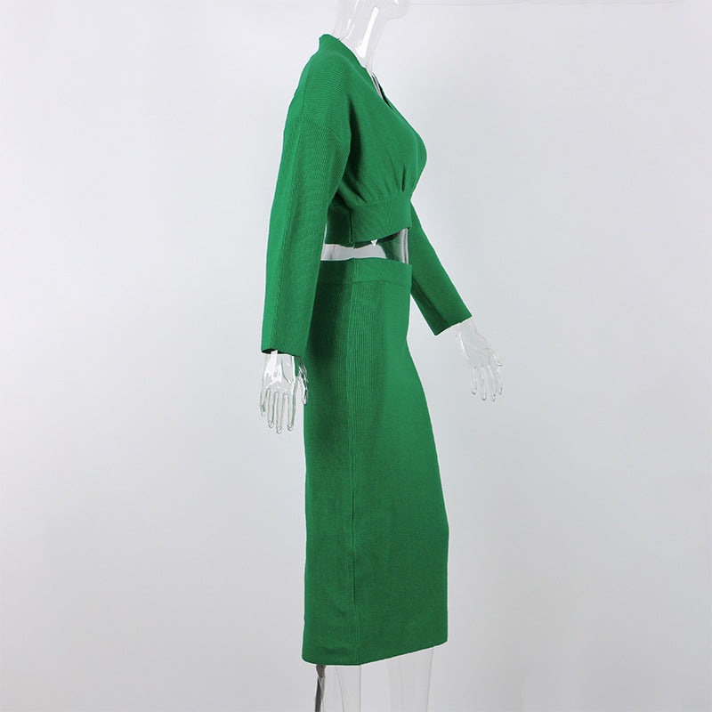 European and American 2025 New Aliexpress Long-Sleeved V Neck Casual Three-Quarter Sweater + Mid-Length Skirt for Women Suit