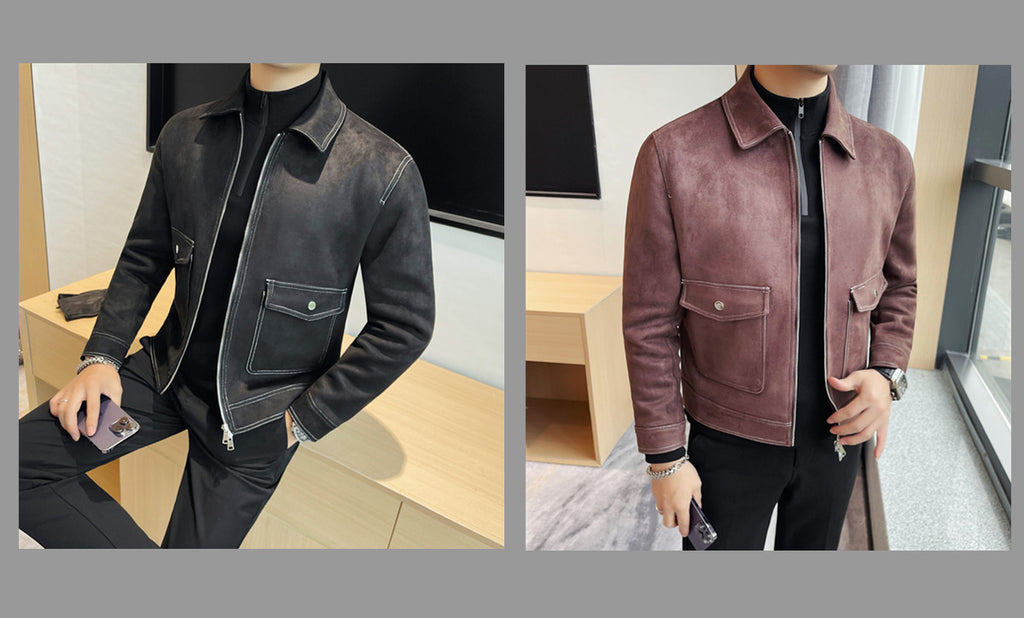 Autumn and Winter New Men's Jacket Coat Fur Fleece Large Pocket Lapel Solid Color Copper Zipper Casual Jacket Top