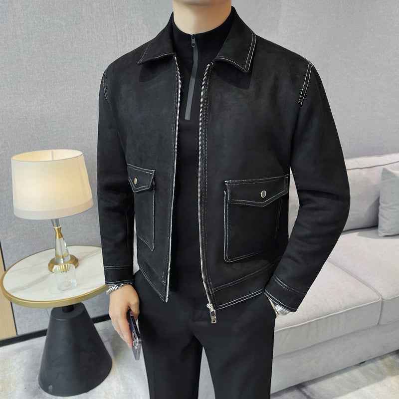Autumn and Winter New Men's Jacket Coat Fur Fleece Large Pocket Lapel Solid Color Copper Zipper Casual Jacket Top