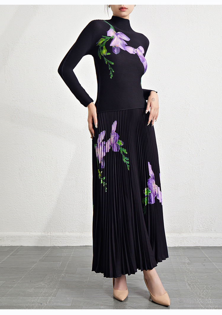 Retro Pleated Fashion Floral Suit Autumn and Winter New Miyake Elastic Top Waist Design Skirt Two-Piece Set