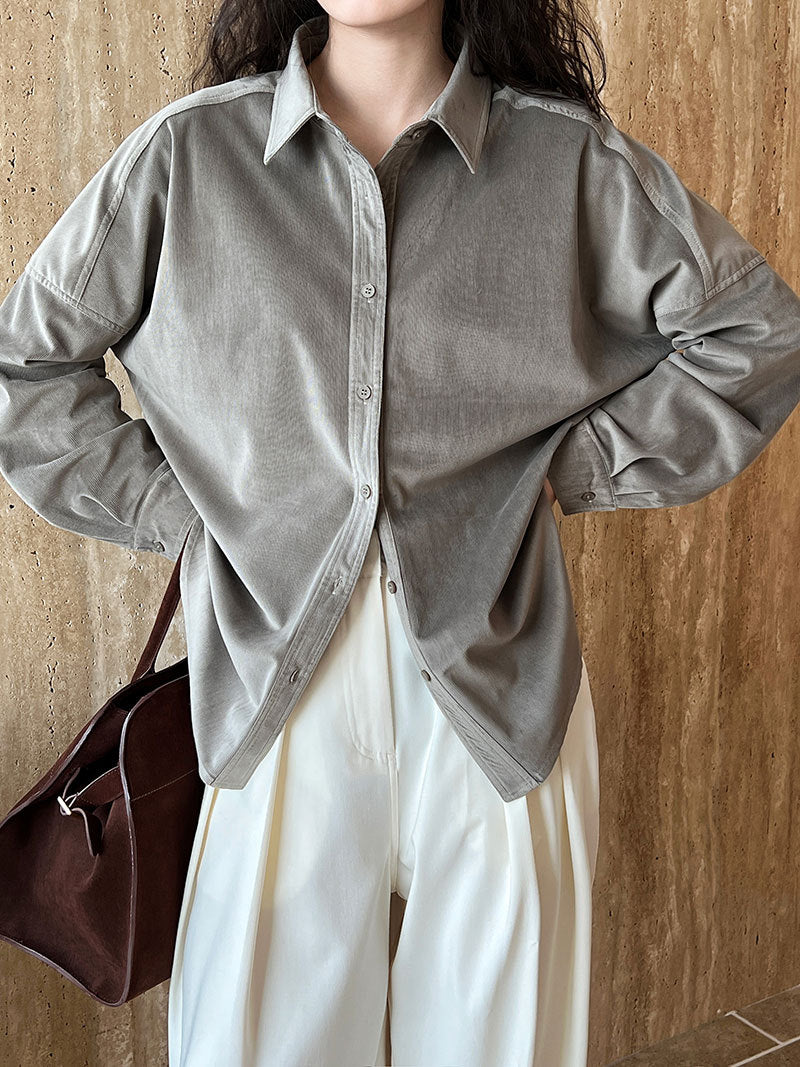 Lushi Japanese-Style Minimalist Thickened Brushed Corduroy Shirt for Women 2025 Autumn Inner Layering Base Shirt 3378