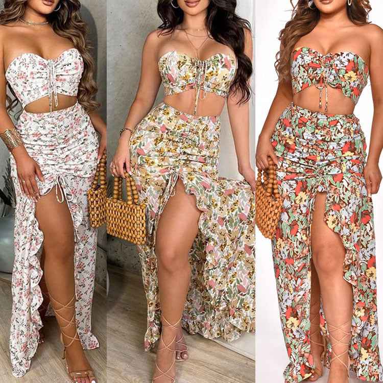 Amazon European and American Women's Cross-border Source Printing Two-piece Sexy Pleated Ruffled dress