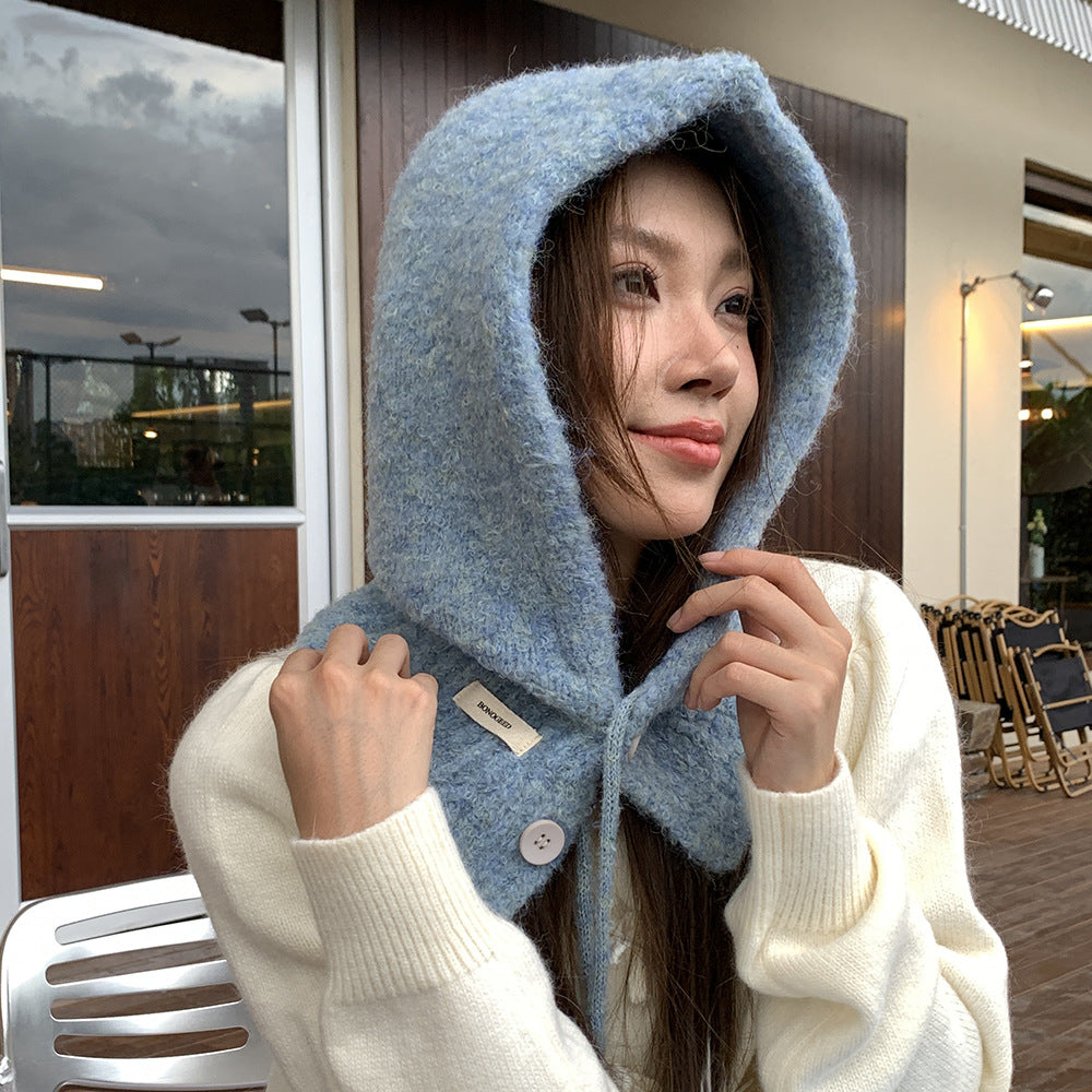 Balaclava Hat New Women's Winter Face-Show Small Ear Protection Neck Integrated Warm Knitted Roll Wool Hat