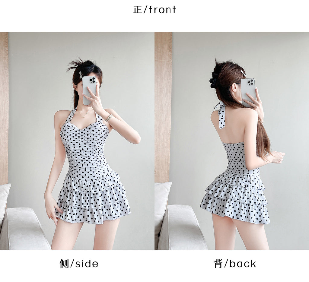 2025 New One-Piece Skirt Style Polka Dot Slightly Fat Girls Swimsuit Female Conservative Slimming Flesh Sexy Big Breast Gathering