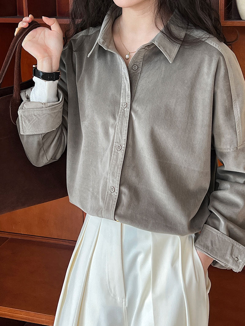 Lushi Japanese-Style Minimalist Thickened Brushed Corduroy Shirt for Women 2025 Autumn Inner Layering Base Shirt 3378