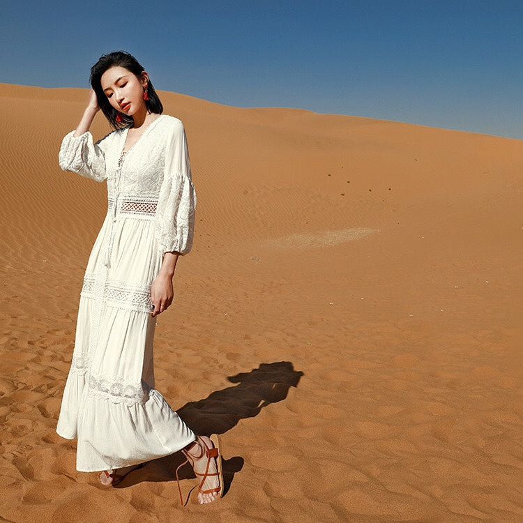 2024 Export New Product Elegant French Retro White Fairy Skirt Summer V-Neck Puff Sleeves Accessible Luxury and Western Style