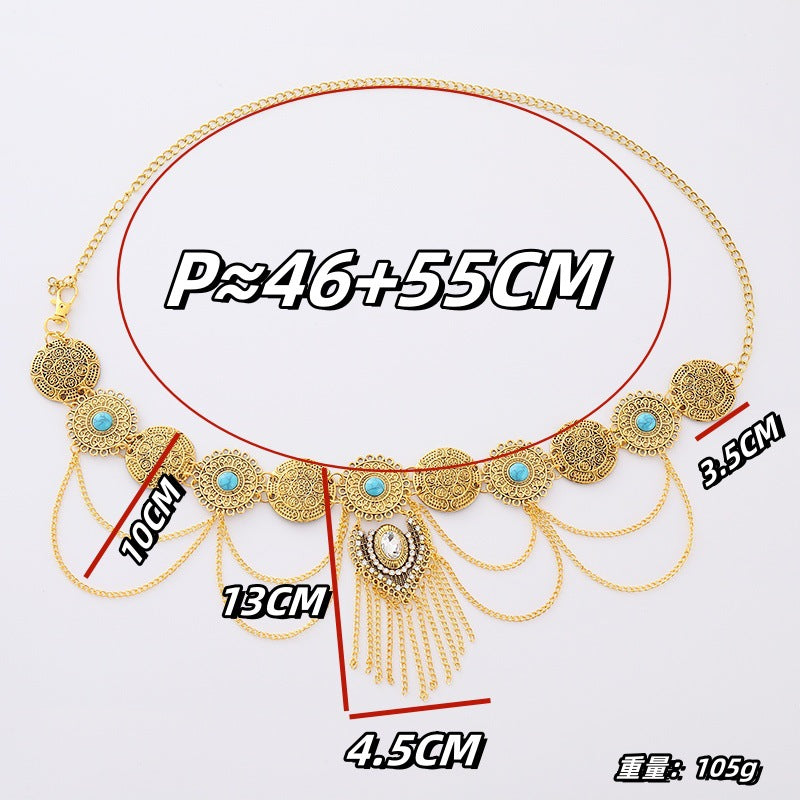 European and American Sexy Waist Decoration Ethnic Style Inlaid Turquoise Pendant Waist Chain Bohemian Alloy Coin Tassel Body Chain