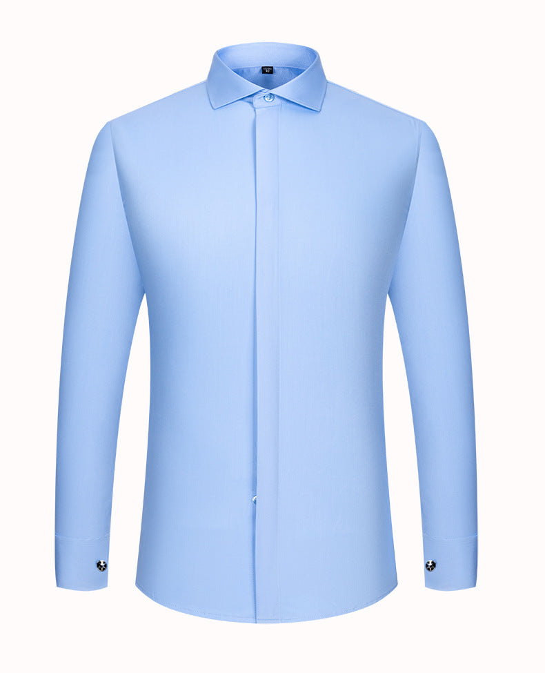 Men's French Cufflinks Shirt Men's Long-sleeved Windsor Collar Buckle Bamboo Fiber Double Stacked Sleeve Business Dress White Shirt