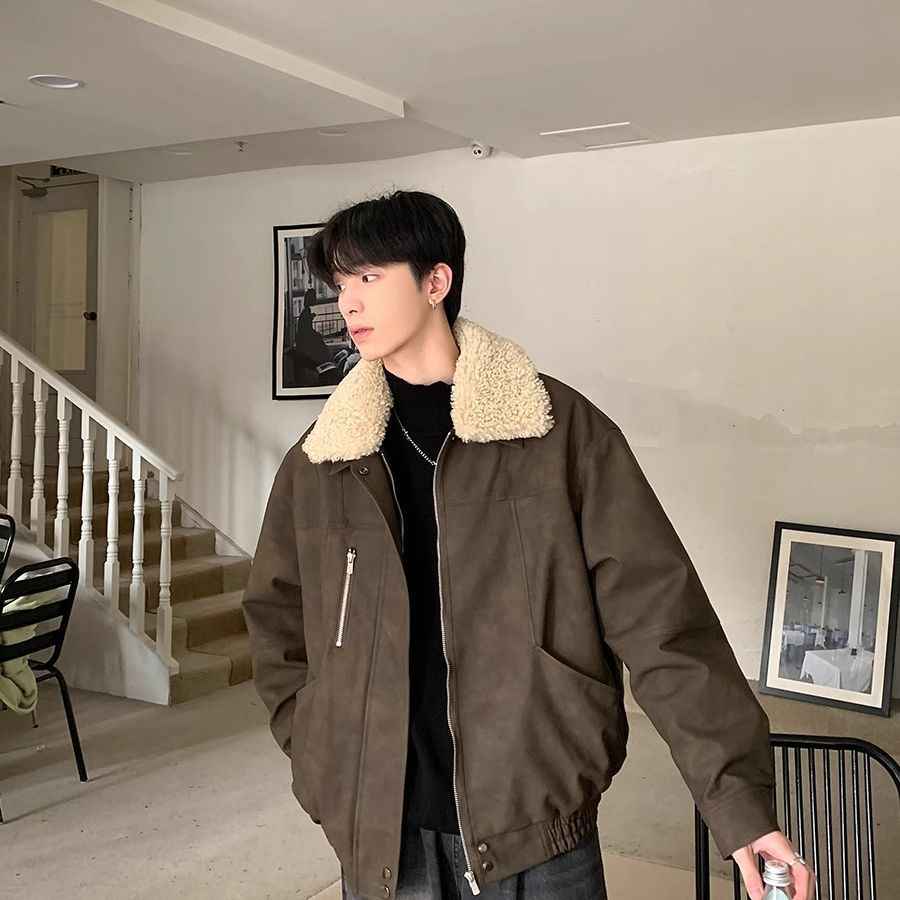 Lapel Loose Cotton-padded Coat for Boys Winter Warm Lamb Fur One-piece Jacket Thickened Coat Autumn and Winter Collar