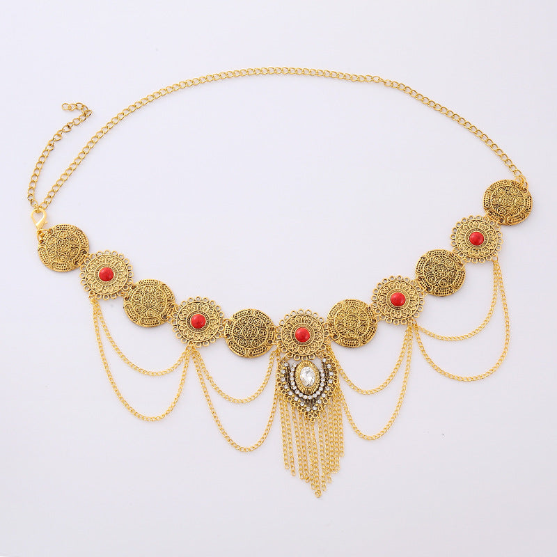 European and American Sexy Waist Decoration Ethnic Style Inlaid Turquoise Pendant Waist Chain Bohemian Alloy Coin Tassel Body Chain