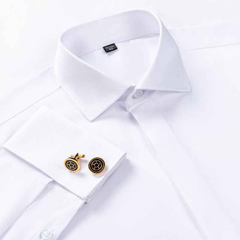Men's French Cufflinks Shirt Men's Long-sleeved Windsor Collar Buckle Bamboo Fiber Double Stacked Sleeve Business Dress White Shirt